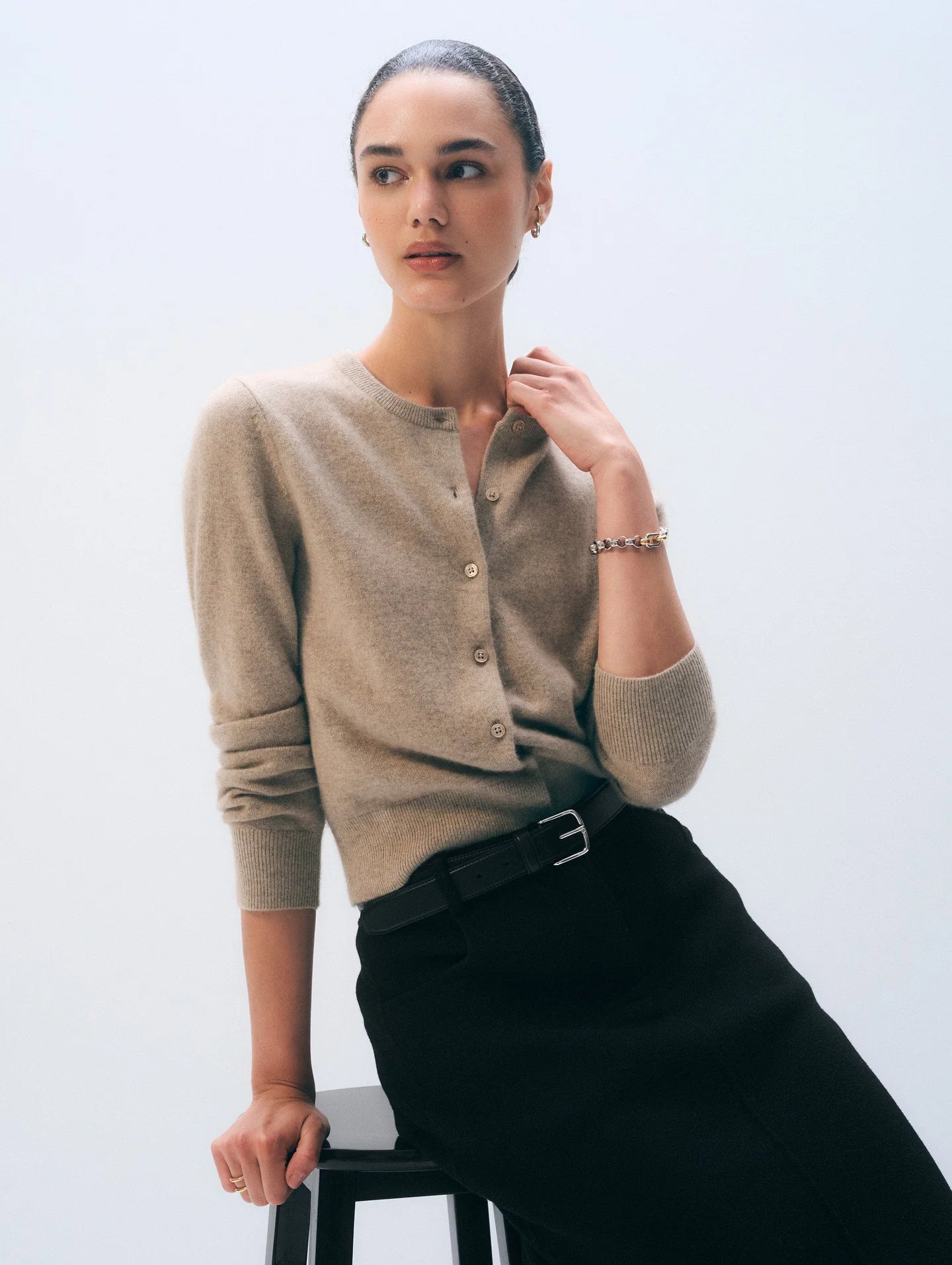 Cashmere Crewneck Cardigan in Taupe Heather