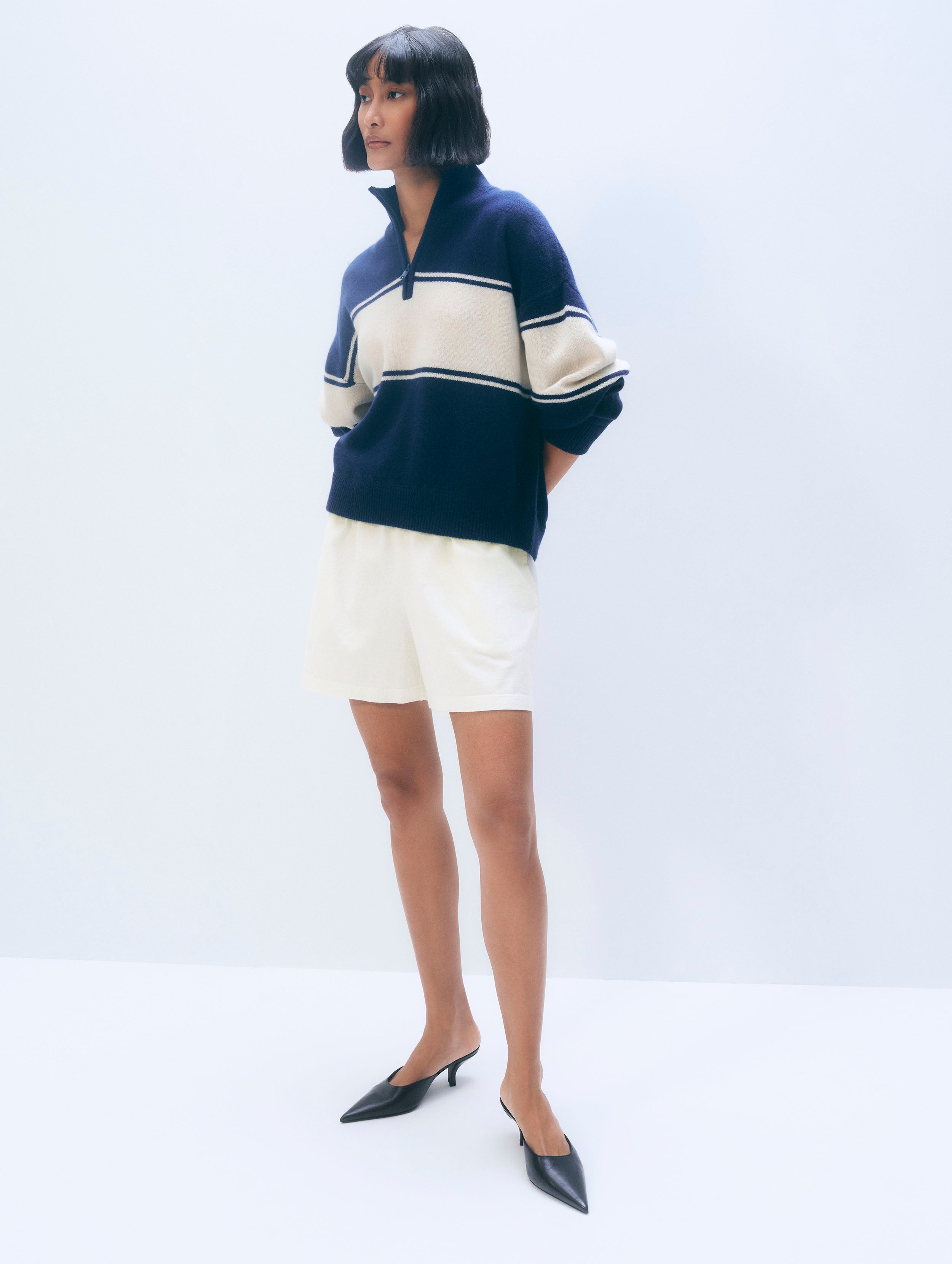 Cashmere Blend Quarter Zip in Navy/Ivory