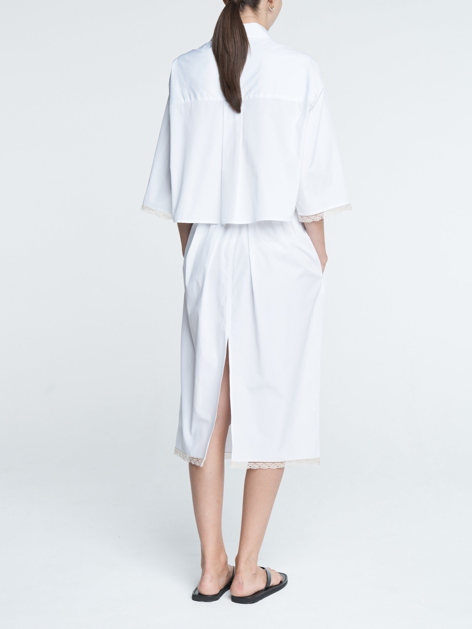 Cropped Lace Short Sleeve Shirt in White