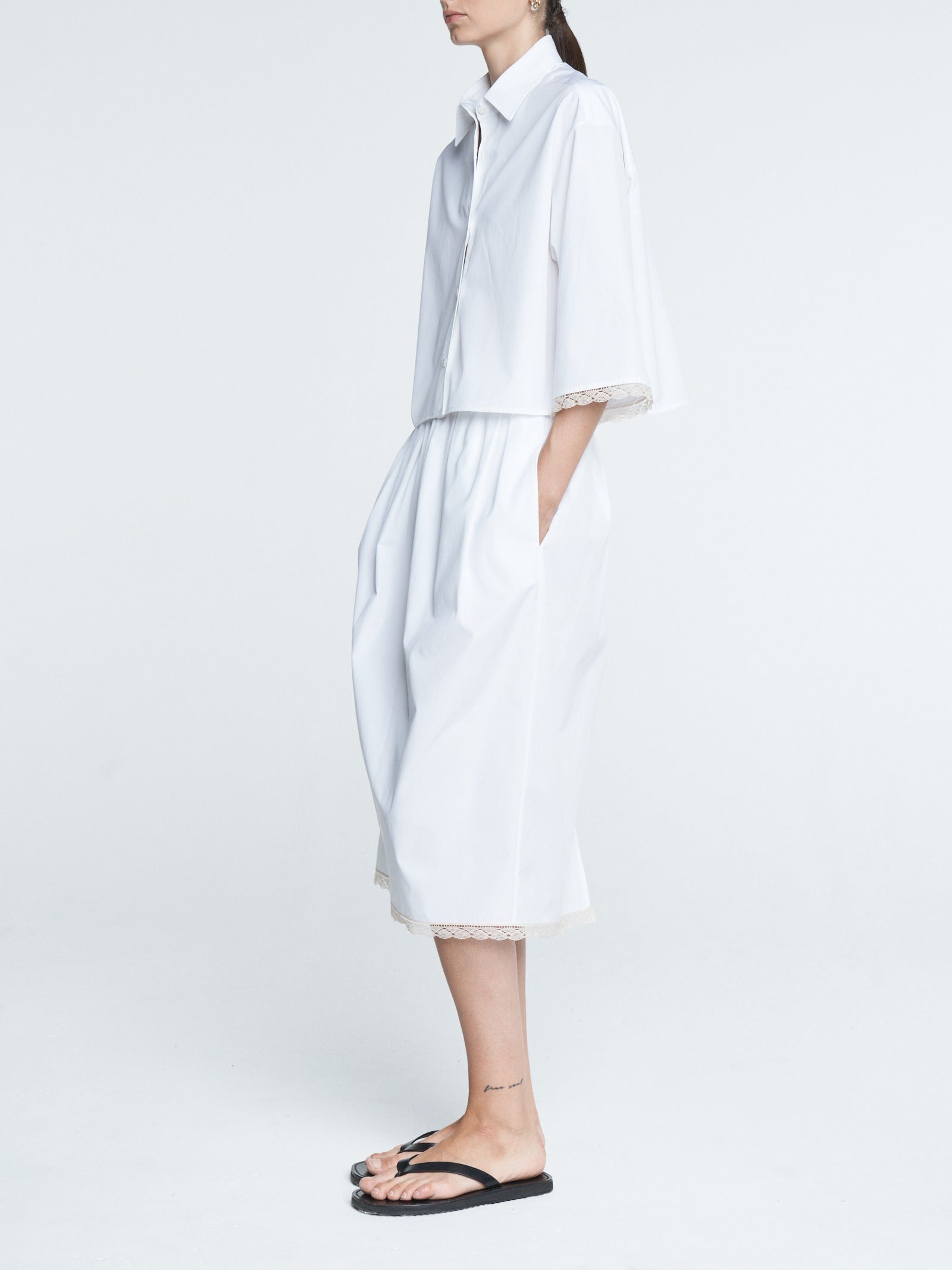 Cropped Lace Short Sleeve Shirt in White