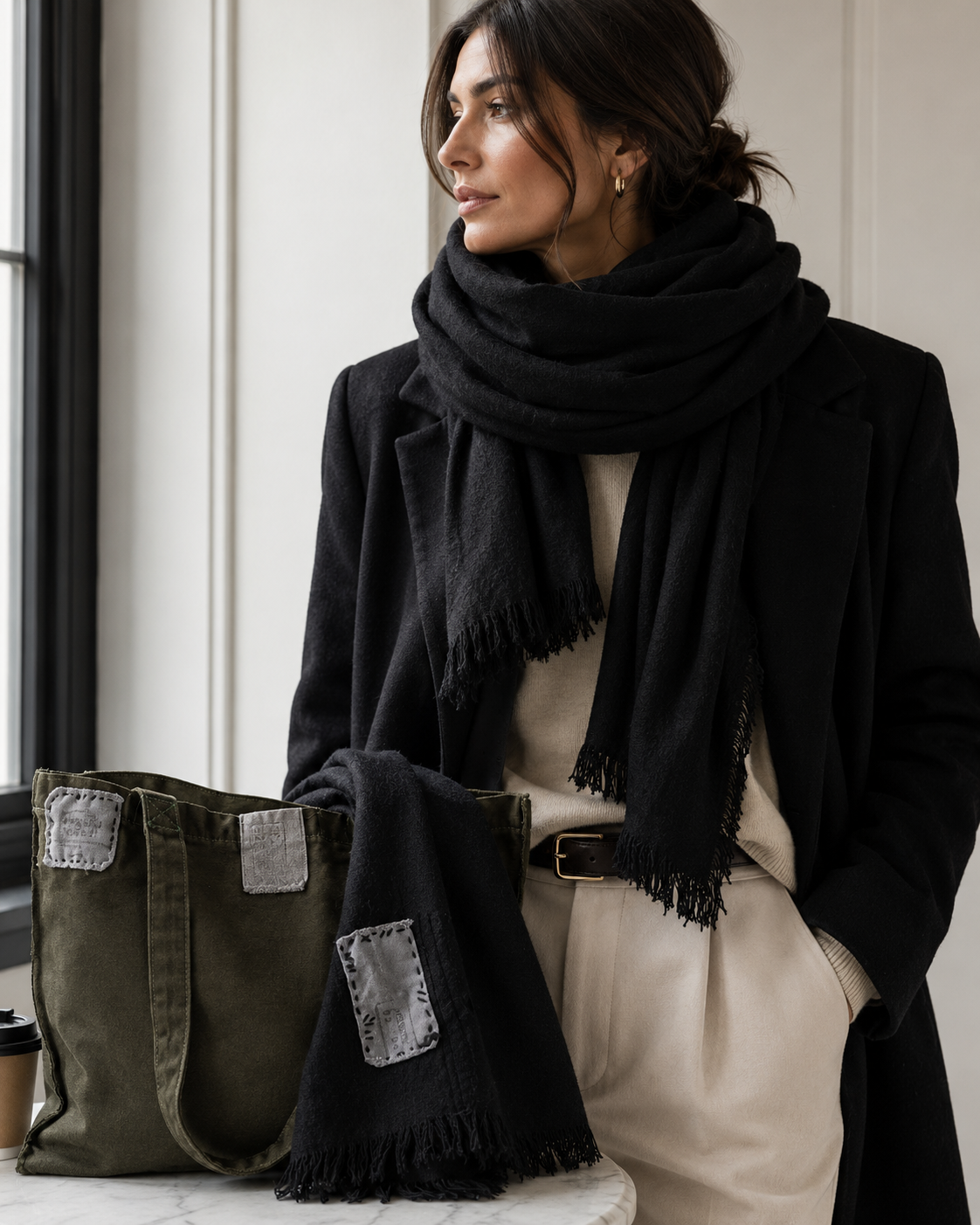 Classic Weight Cashmere Shawl 710 in Black