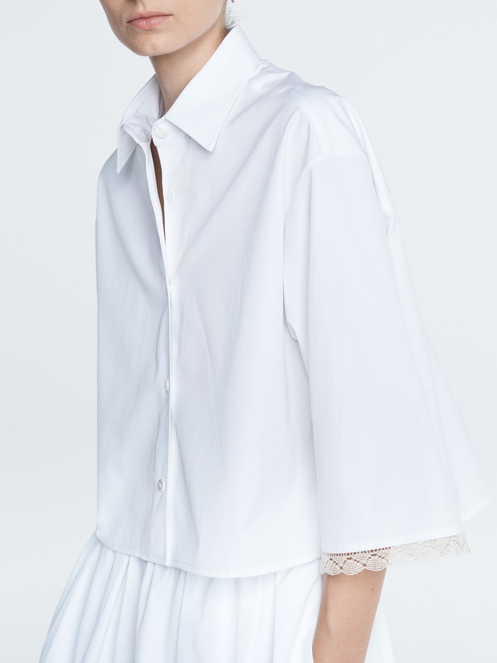 Cropped Lace Short Sleeve Shirt in White
