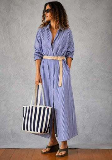 The Over the Shoulder All Over Striped Tote in Canvas/Navy