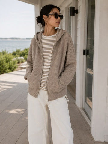 Fisherman Rib Hoodie-Cardigan in Mushroom Melange (One XS only)