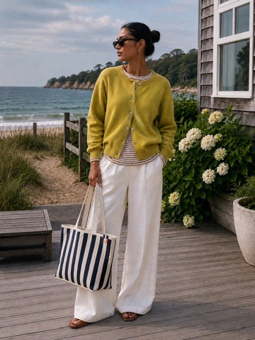 The Over the Shoulder All Over Striped Tote in Canvas/Navy