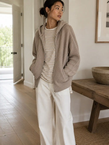 Fisherman Rib Hoodie-Cardigan in Mushroom Melange (One XS only)