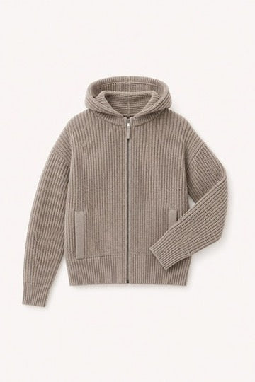 Fisherman Rib Hoodie-Cardigan in Mushroom Melange (One XS only)