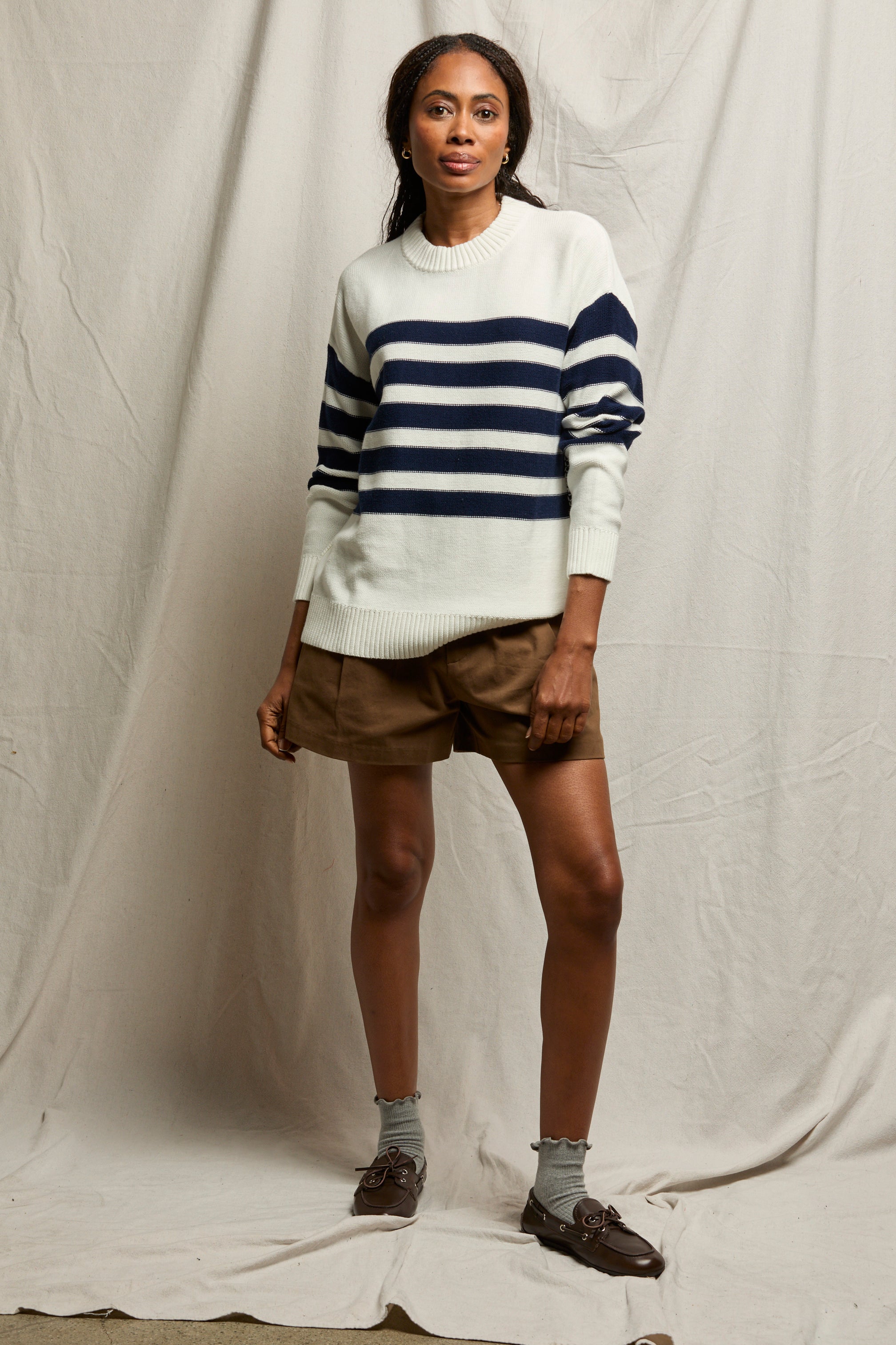 Ginger Oversized Crewneck in Navy/Sugar Stripe