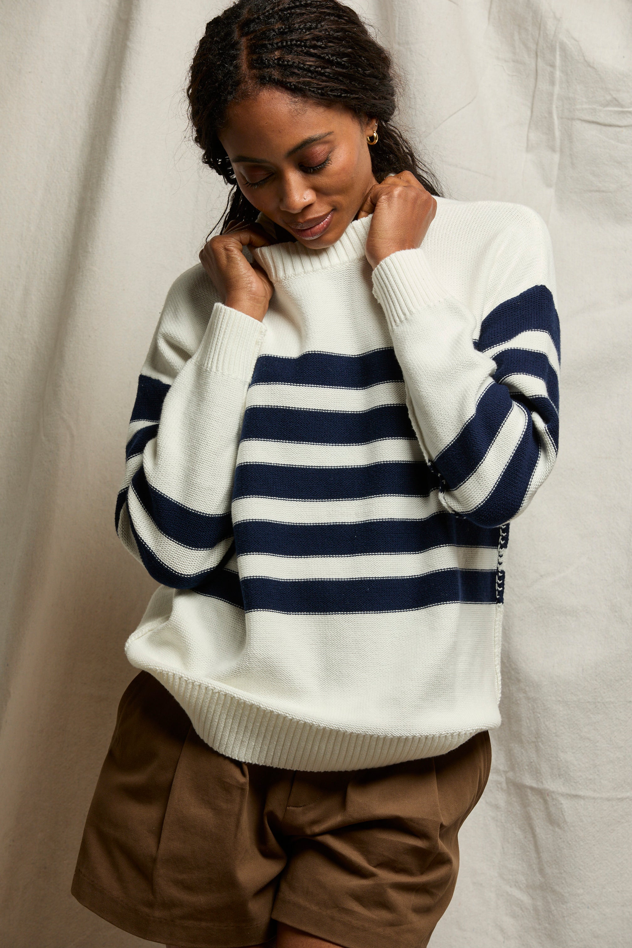 Ginger Oversized Crewneck in Navy/Sugar Stripe