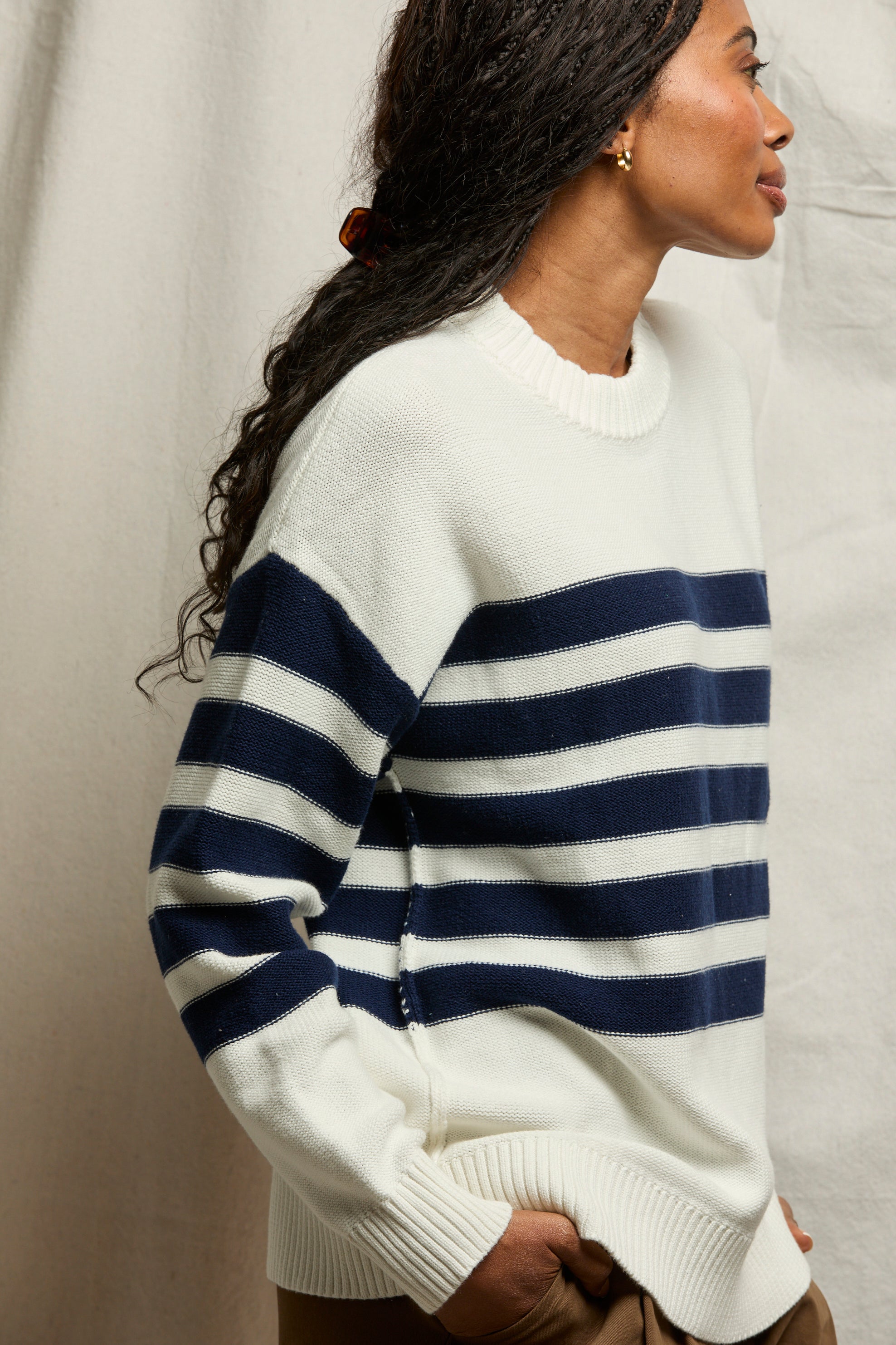 Ginger Oversized Crewneck in Navy/Sugar Stripe