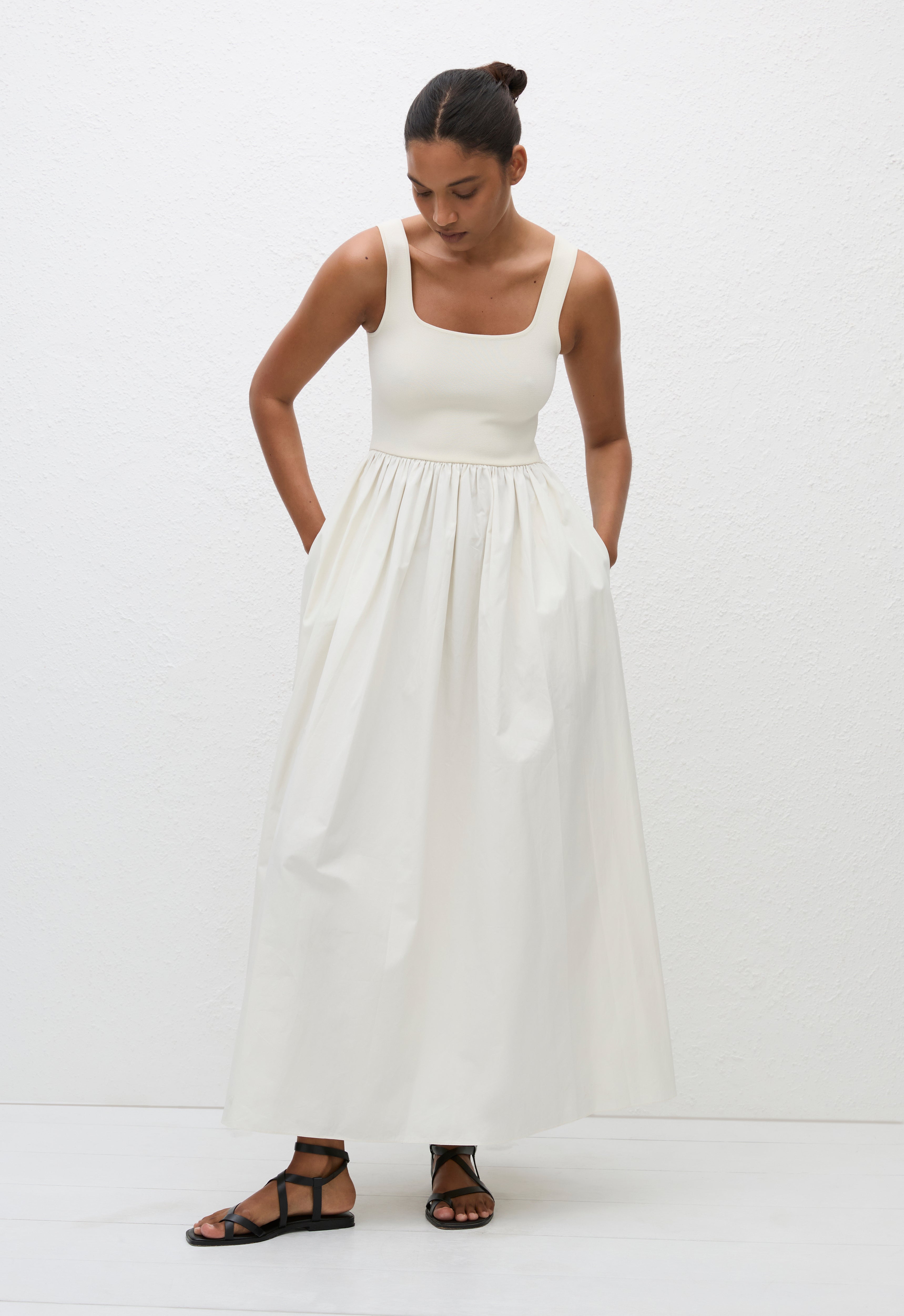 Knit and Cotton Dress in Ecru