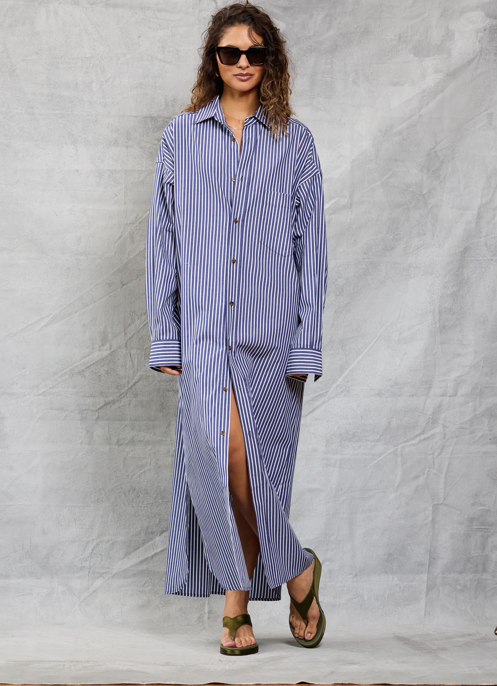 Slim Phoebe Shirt Dress in Navy Stripe