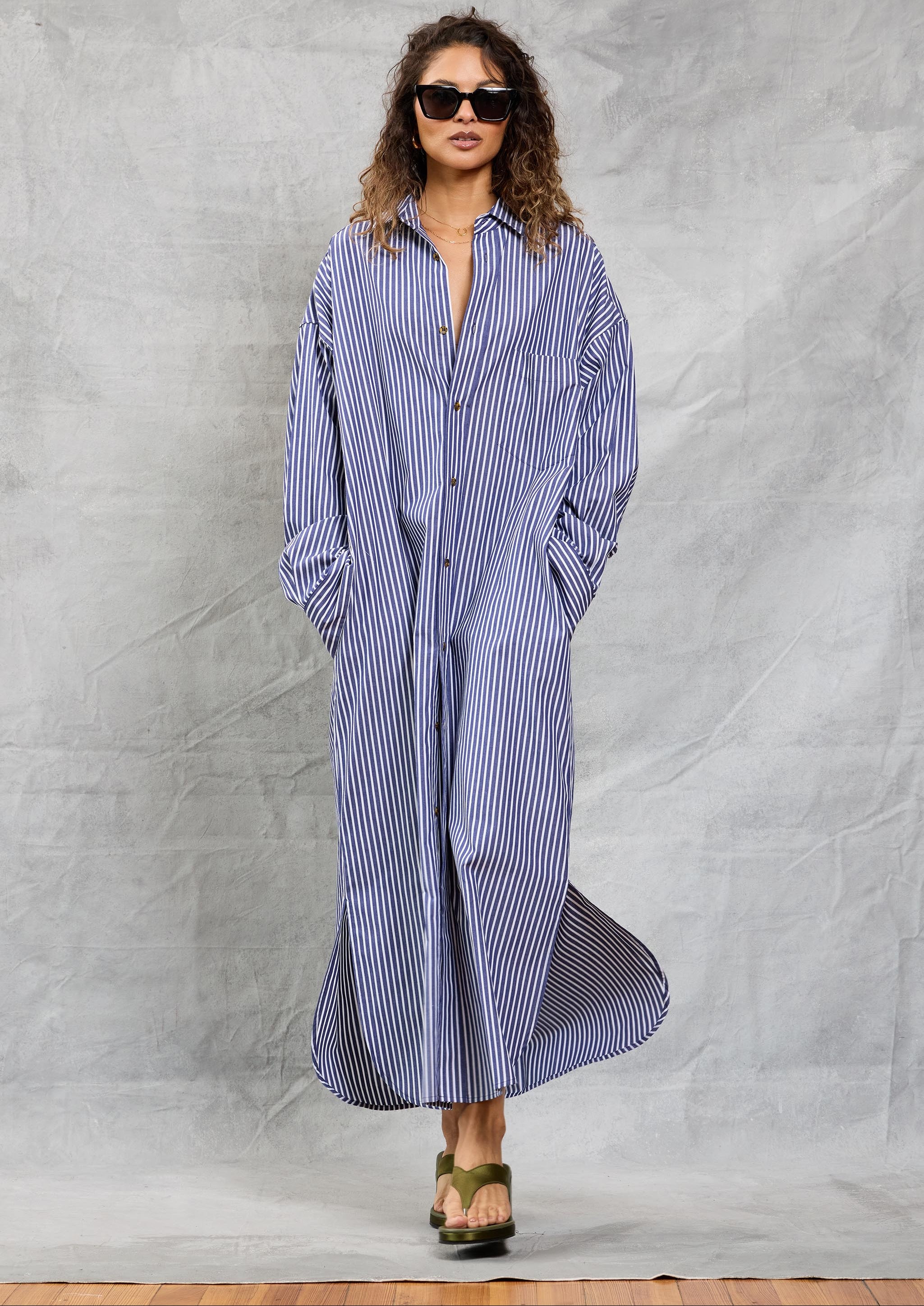 Slim Phoebe Shirt Dress in Navy Stripe