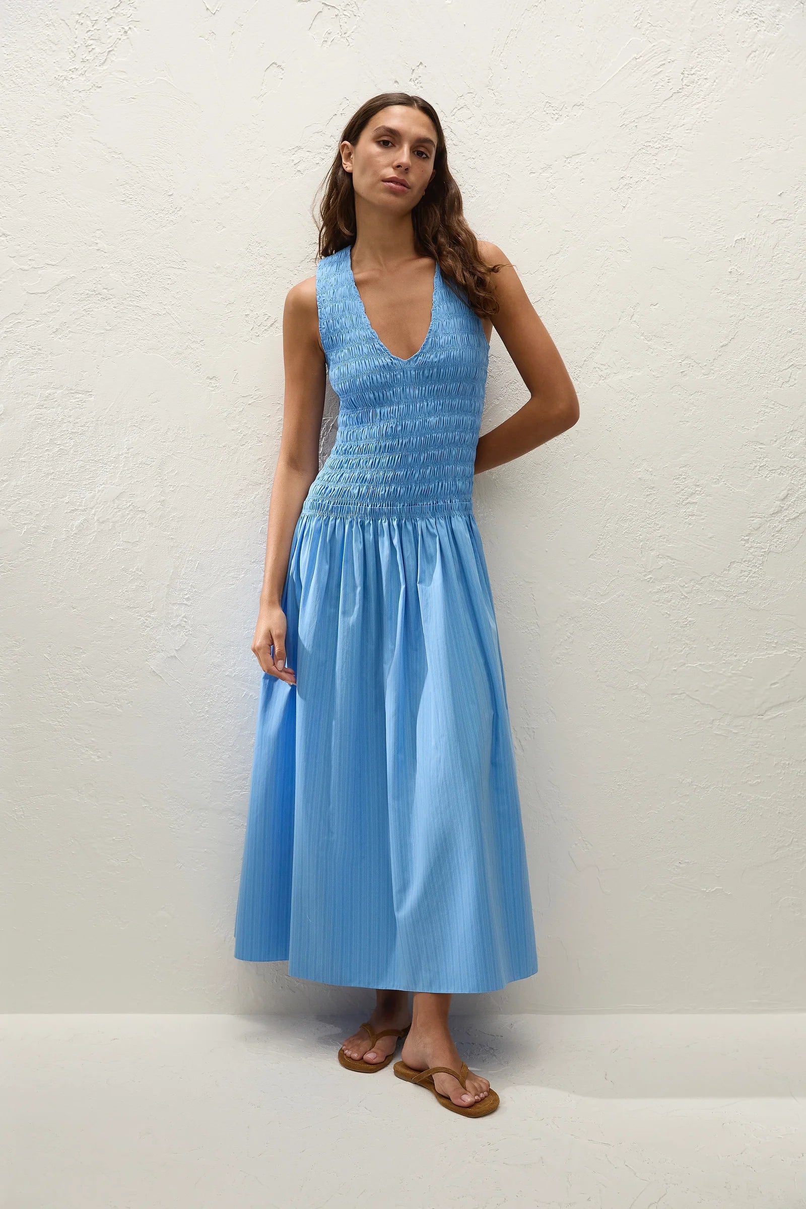 Palomar Midi Dress in Mico Pinstripe Azul