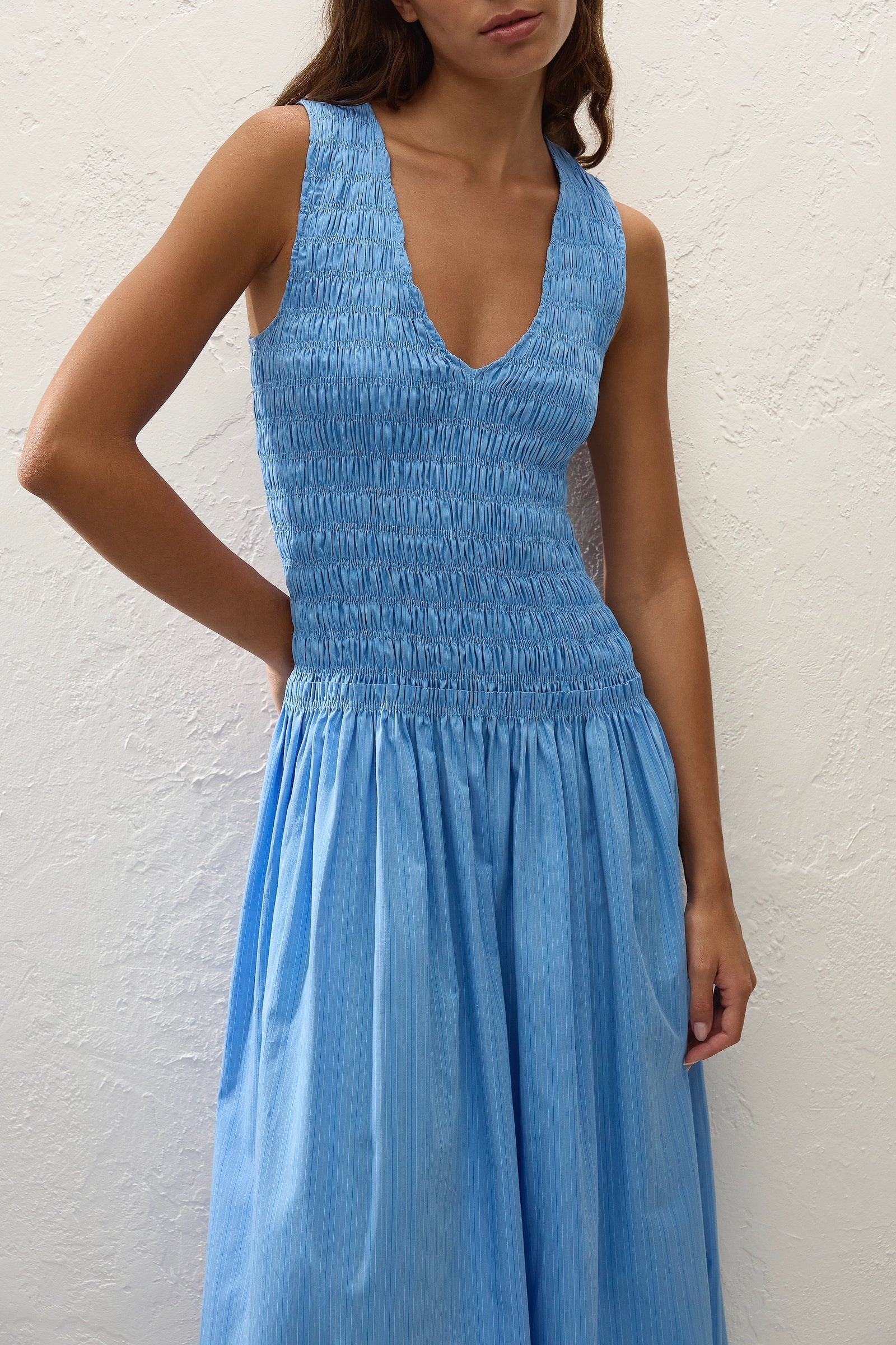 Palomar Midi Dress in Mico Pinstripe Azul