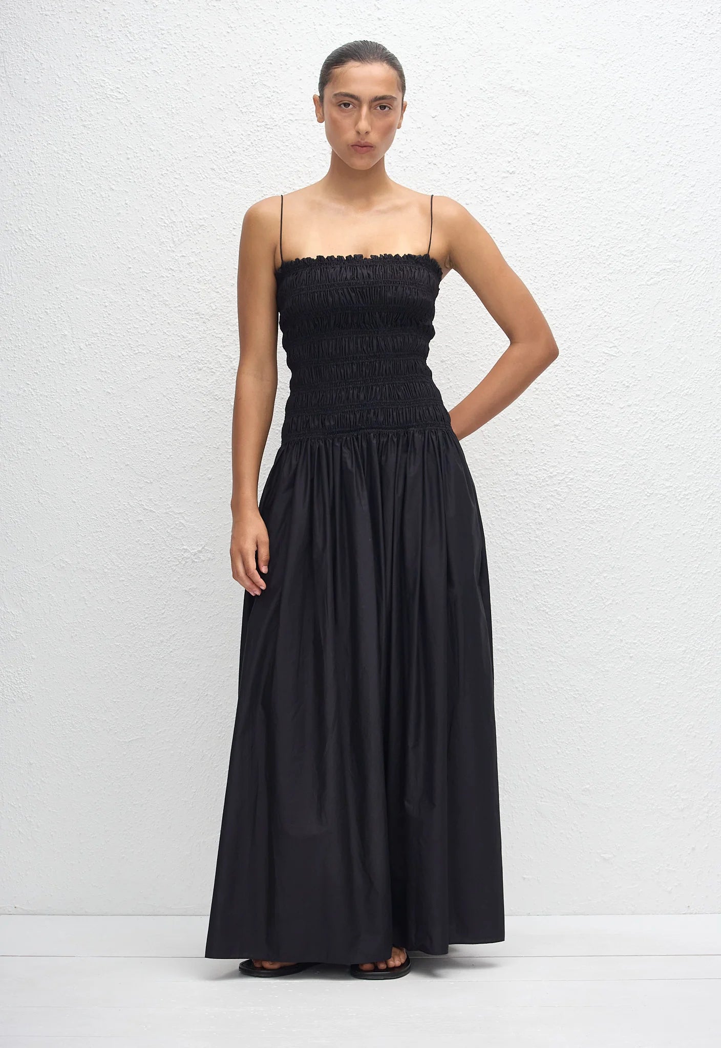 Shirred Drop Waist Dress in Black