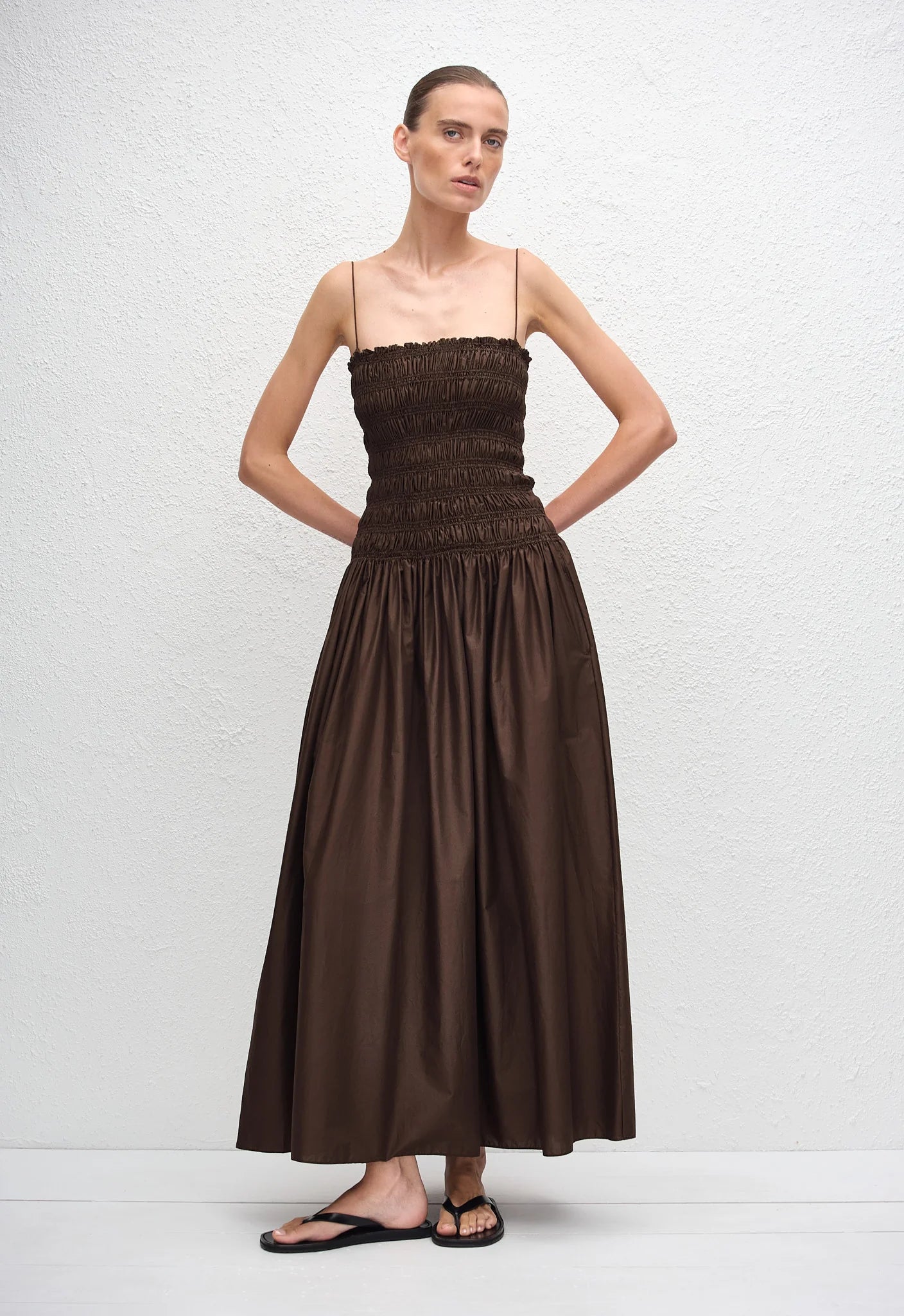 Shirred Drop Waist Dress in Chocolate