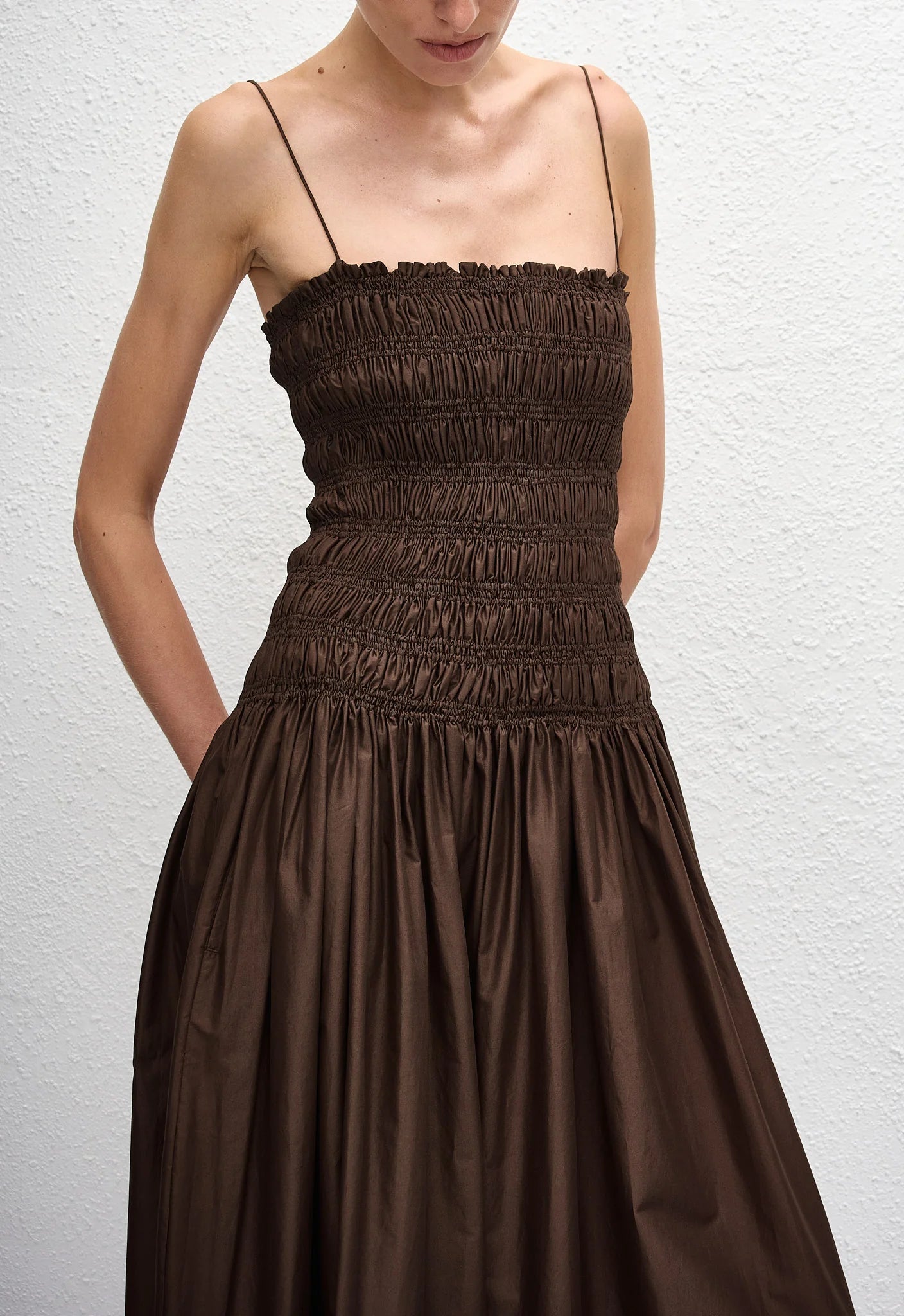 Shirred Drop Waist Dress in Chocolate