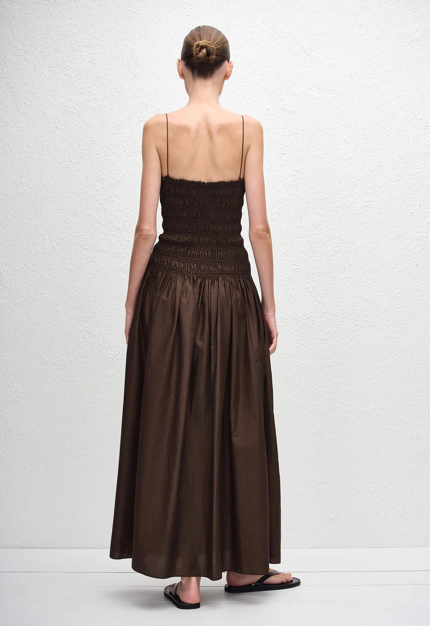 Shirred Drop Waist Dress in Chocolate
