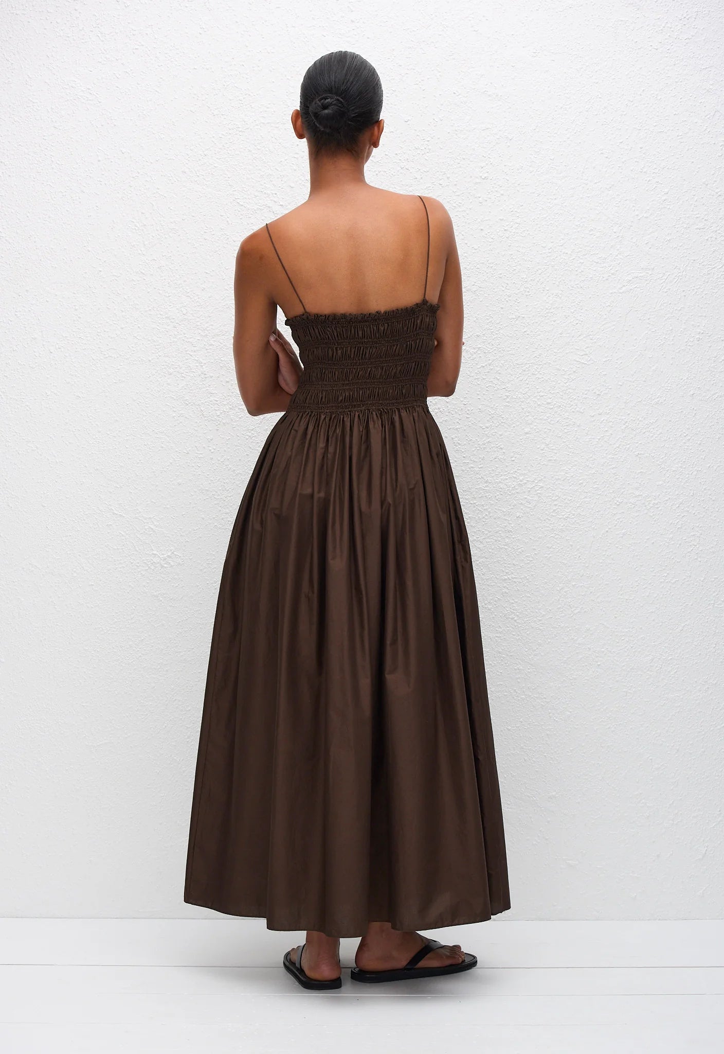 Shirred Bodice Dress in Chocolate