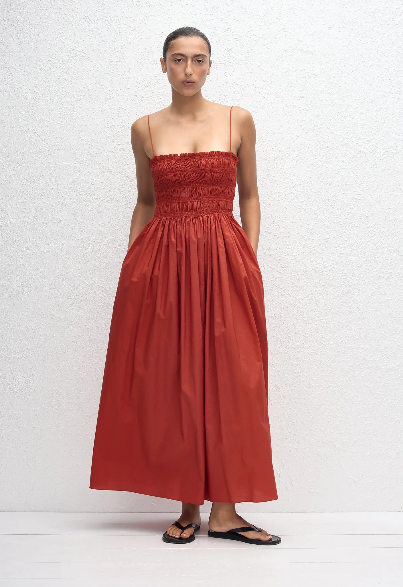 Shirred Bodice Dress in Tomato