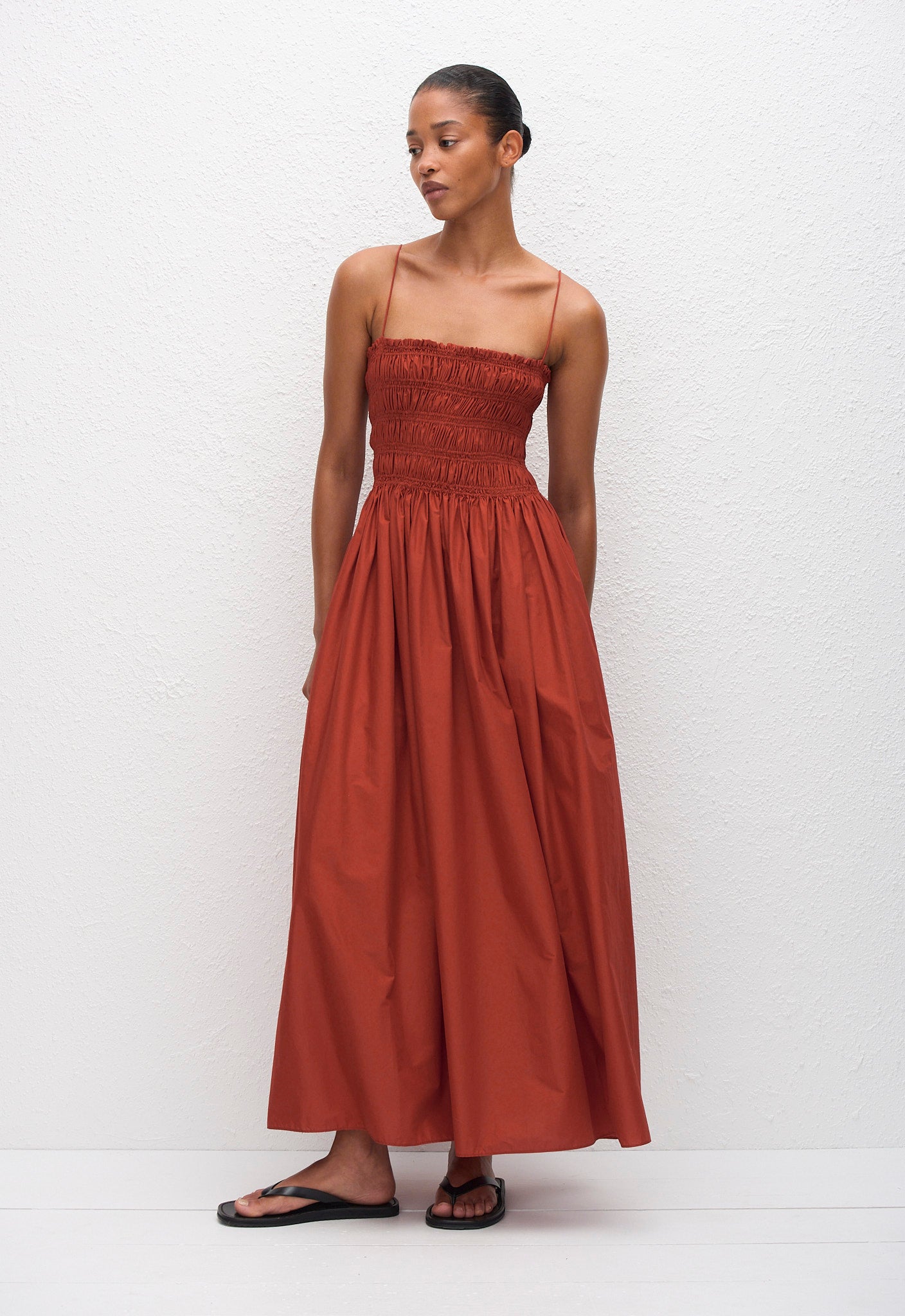 Shirred Bodice Dress in Tomato