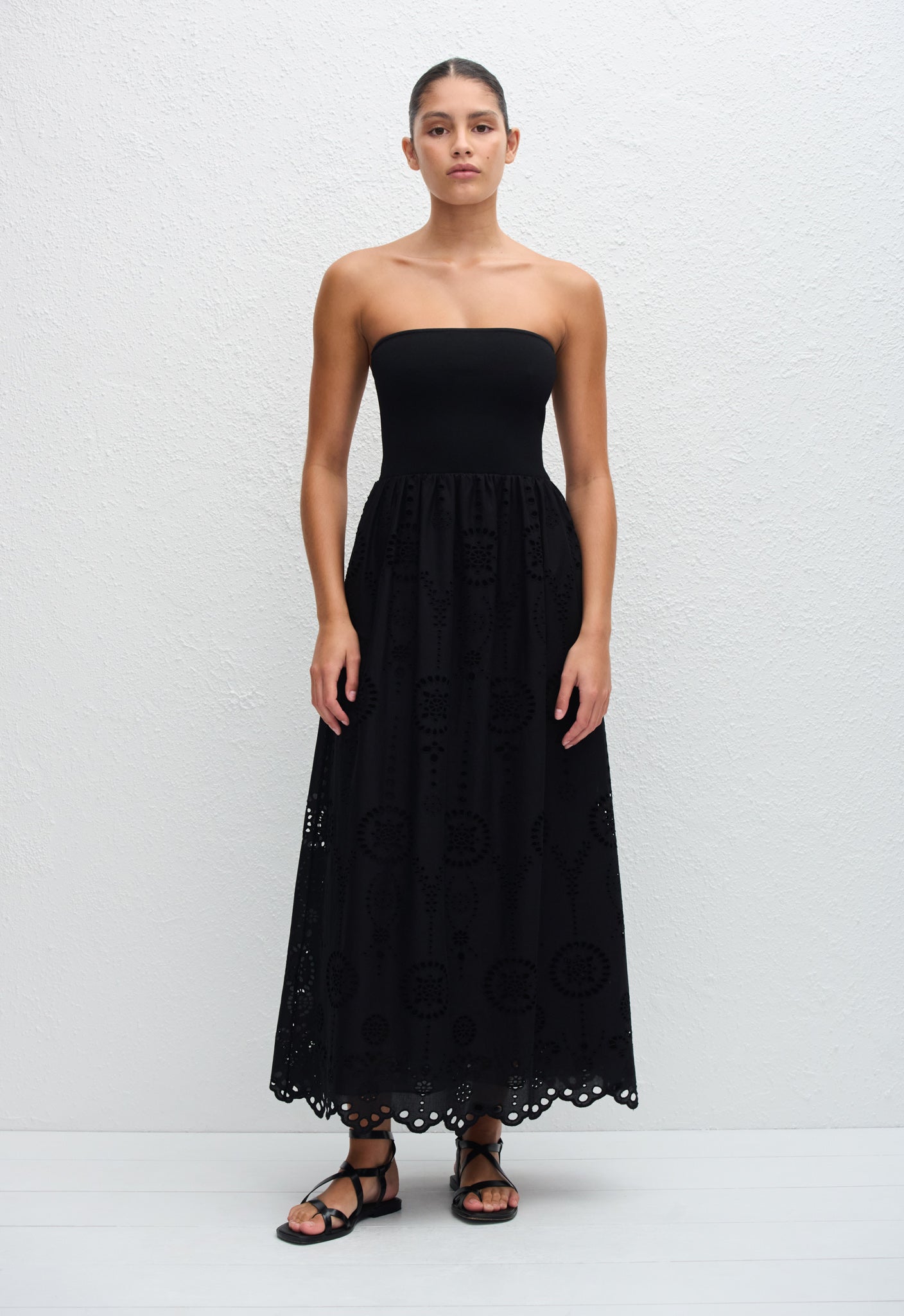 Strapless Knit and Broderie Dress in Black