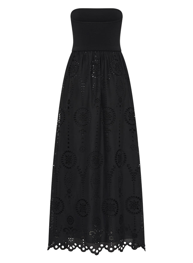 Strapless Knit and Broderie Dress in Black