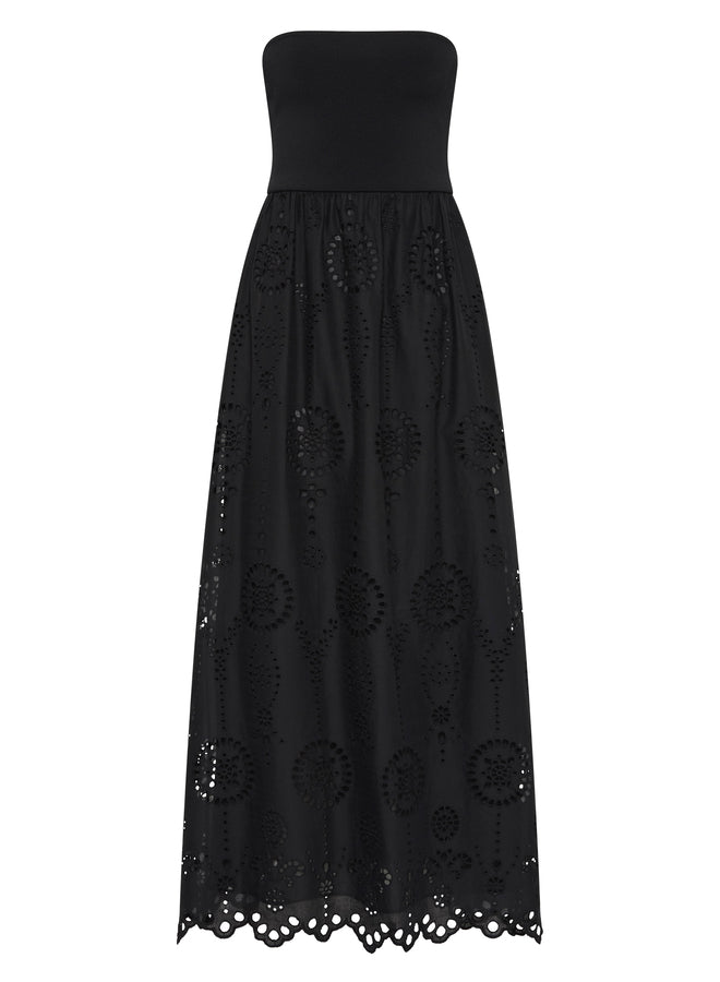 Strapless Knit and Broderie Dress in Black
