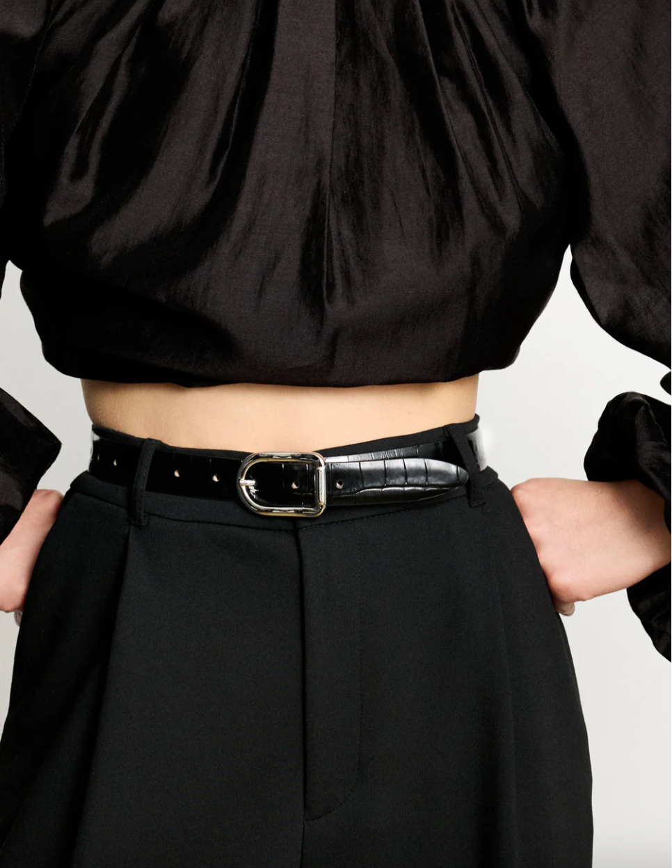Mija Croco Leather Belt in Black
