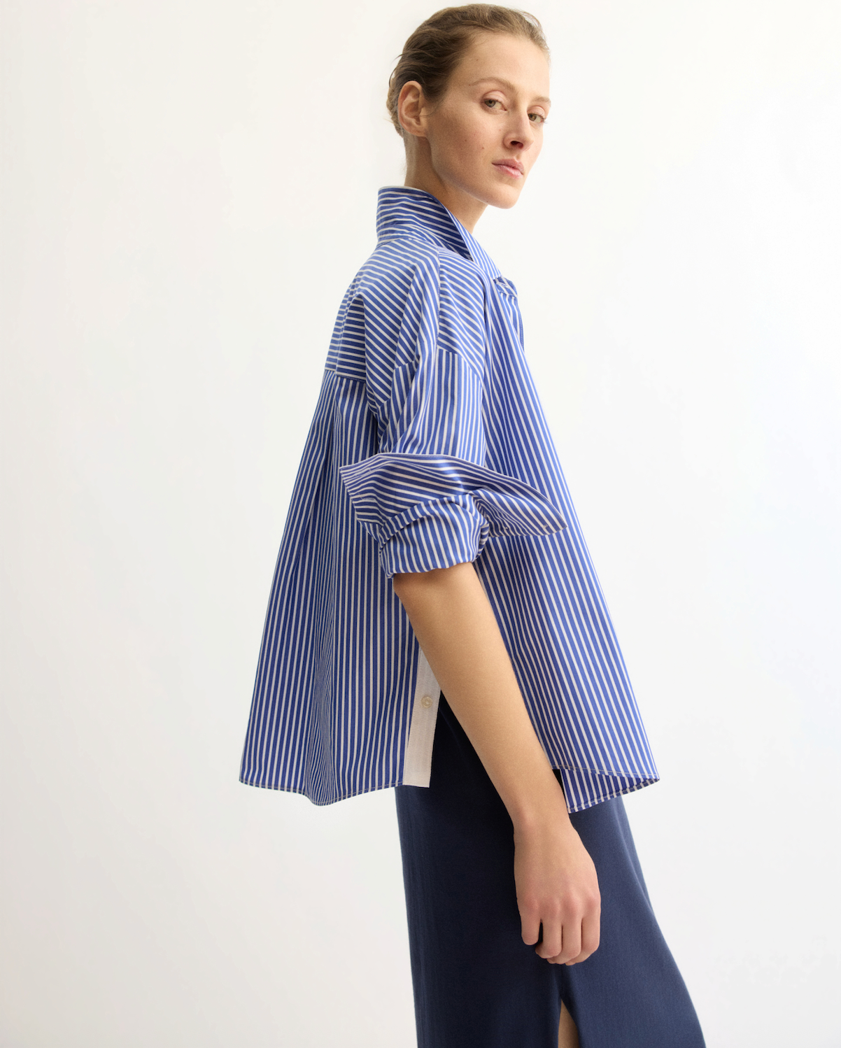Watts Side Button Shirt in Blue Stripe