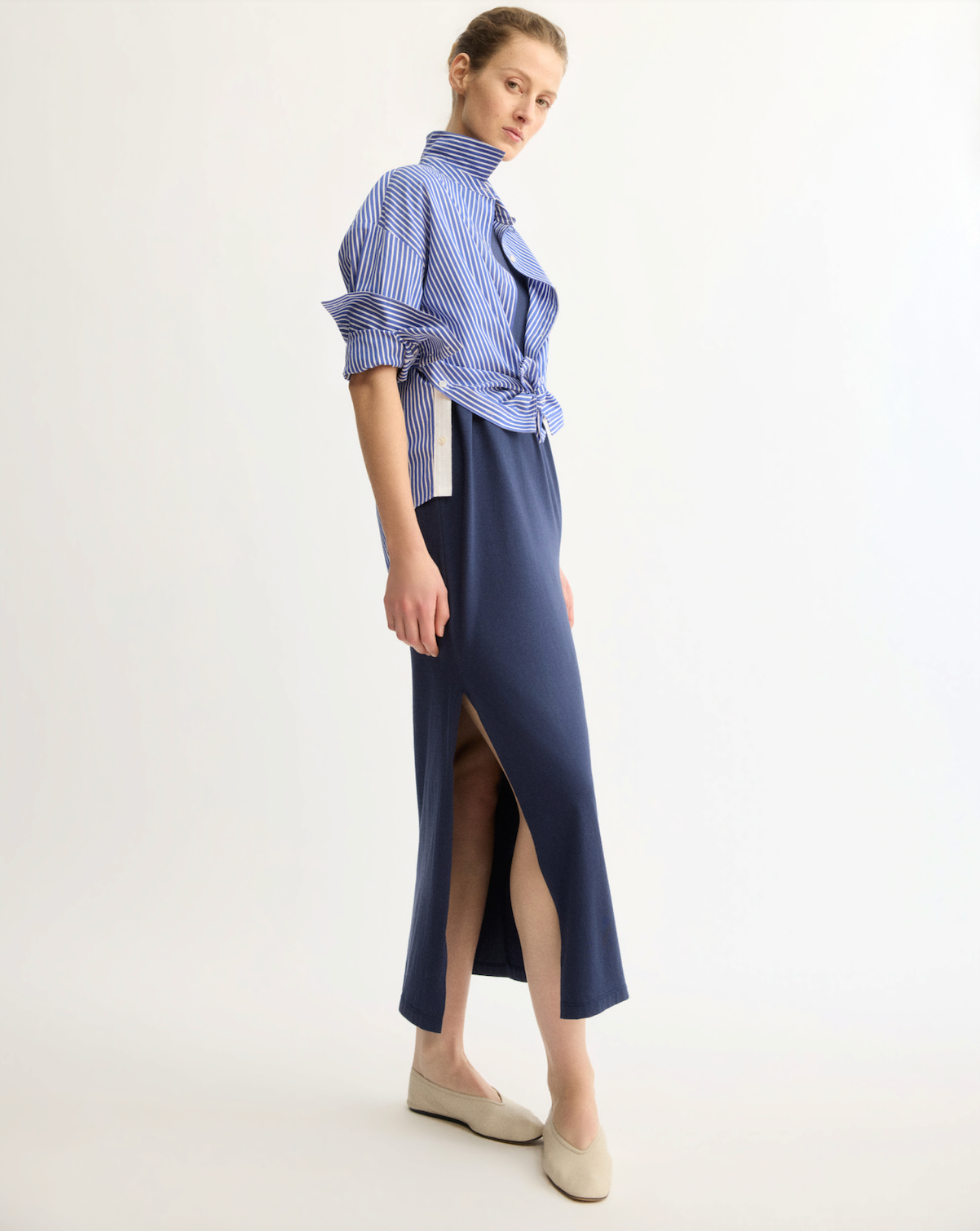 Watts Side Button Shirt in Blue Stripe