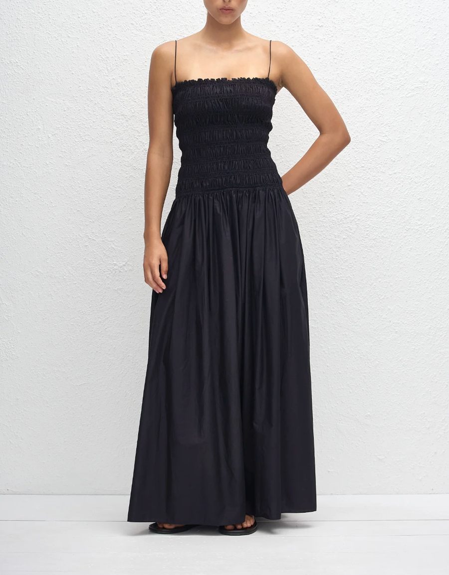 Shirred Drop Waist Dress in Black