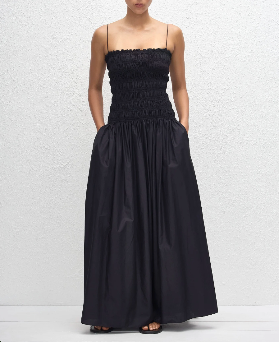 Shirred Drop Waist Dress in Black