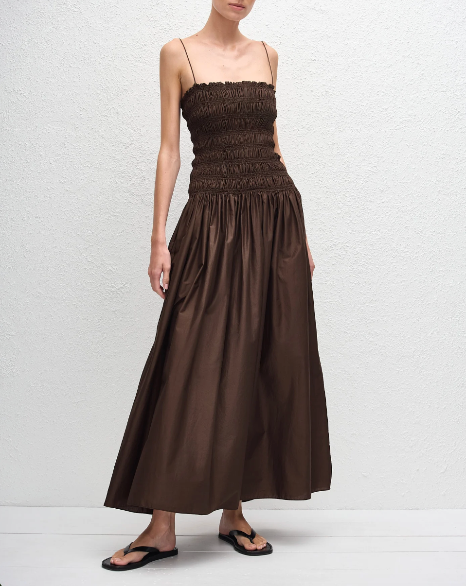 Shirred Drop Waist Dress in Chocolate
