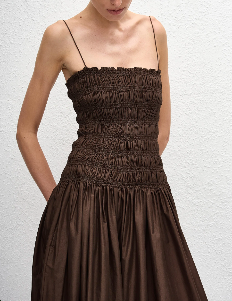 Shirred Drop Waist Dress in Chocolate