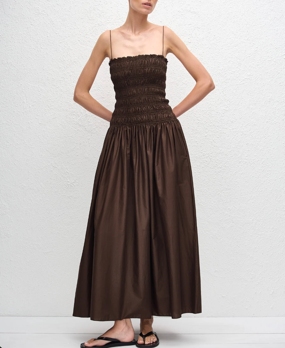Shirred Drop Waist Dress in Chocolate