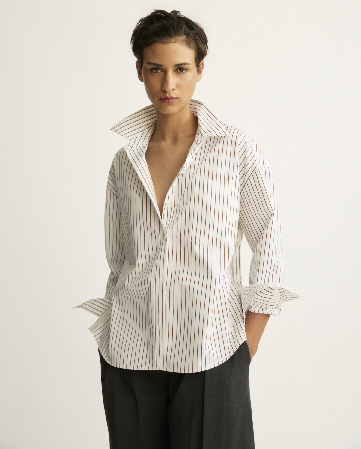 Watts Side Button Shirt in White/Brown Stripe