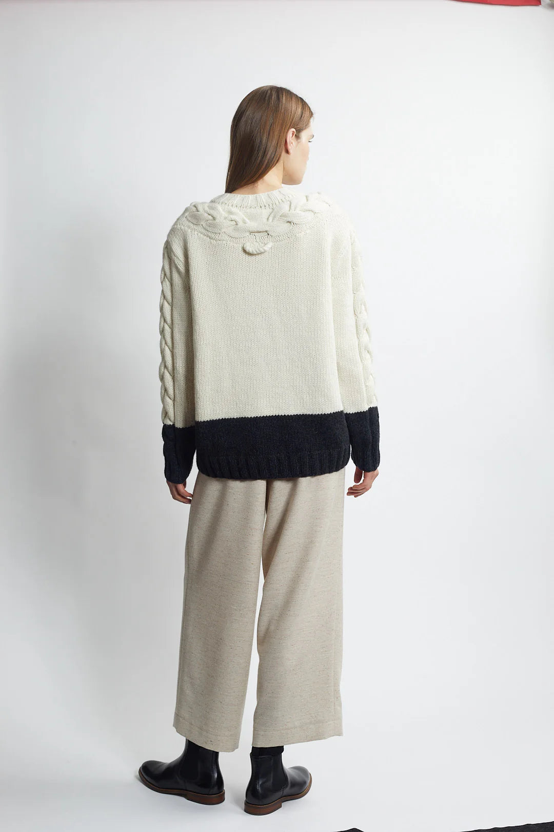 Hand Knit Cable Sweater in Ivory and Heather Charcoal