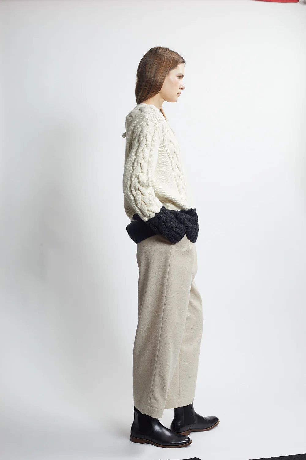 Hand Knit Cable Sweater in Ivory and Heather Charcoal