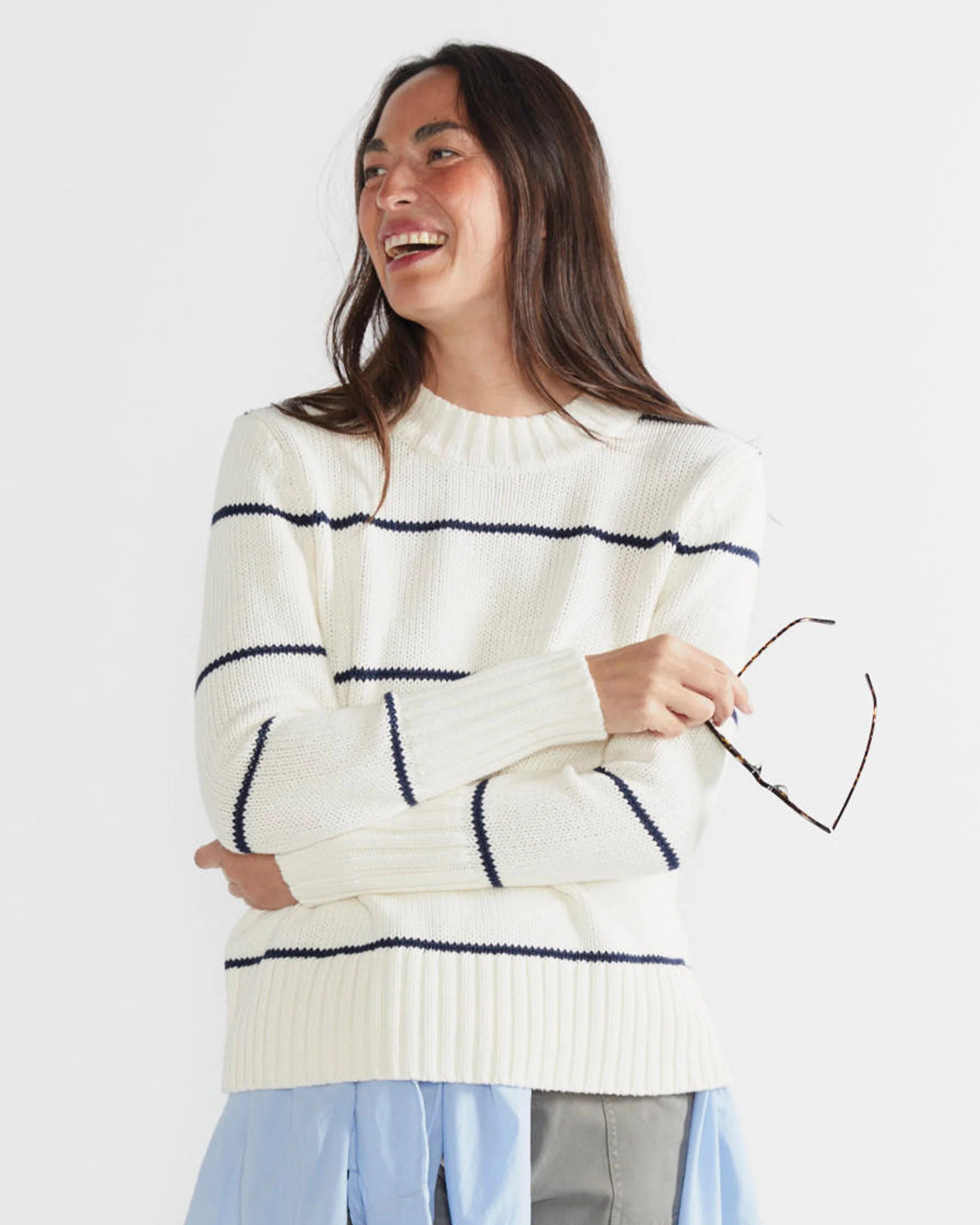 The Tatum in Cream/Navy mini stripe