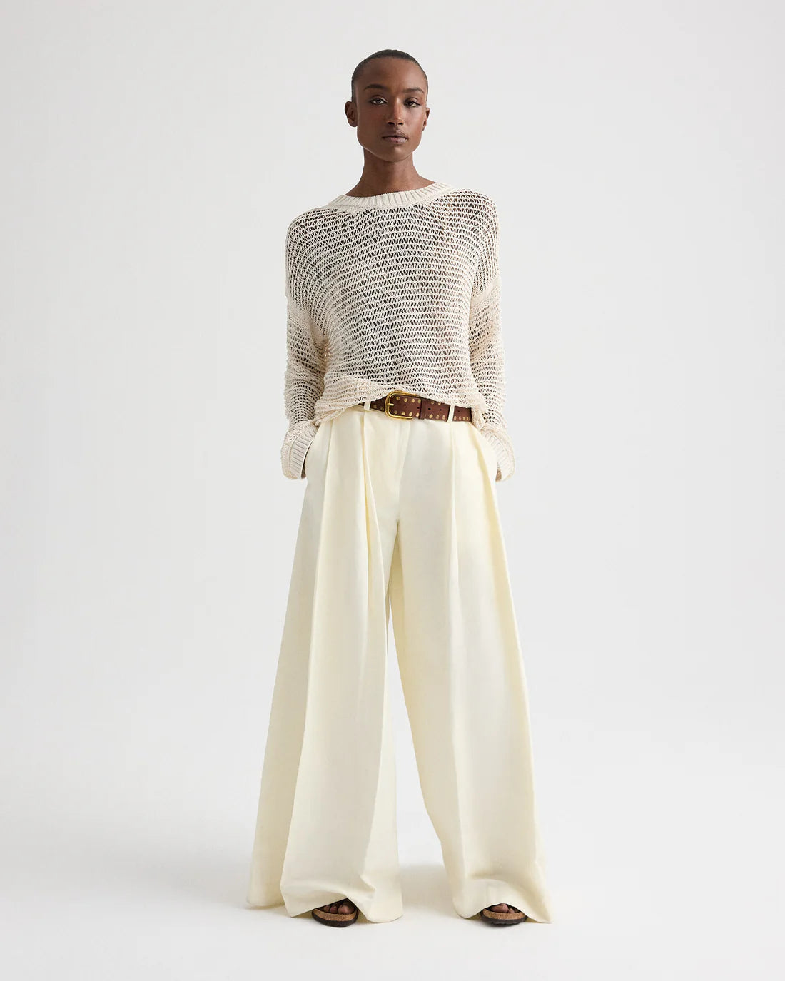 Wide Crew Long Sleeve Pullover in White