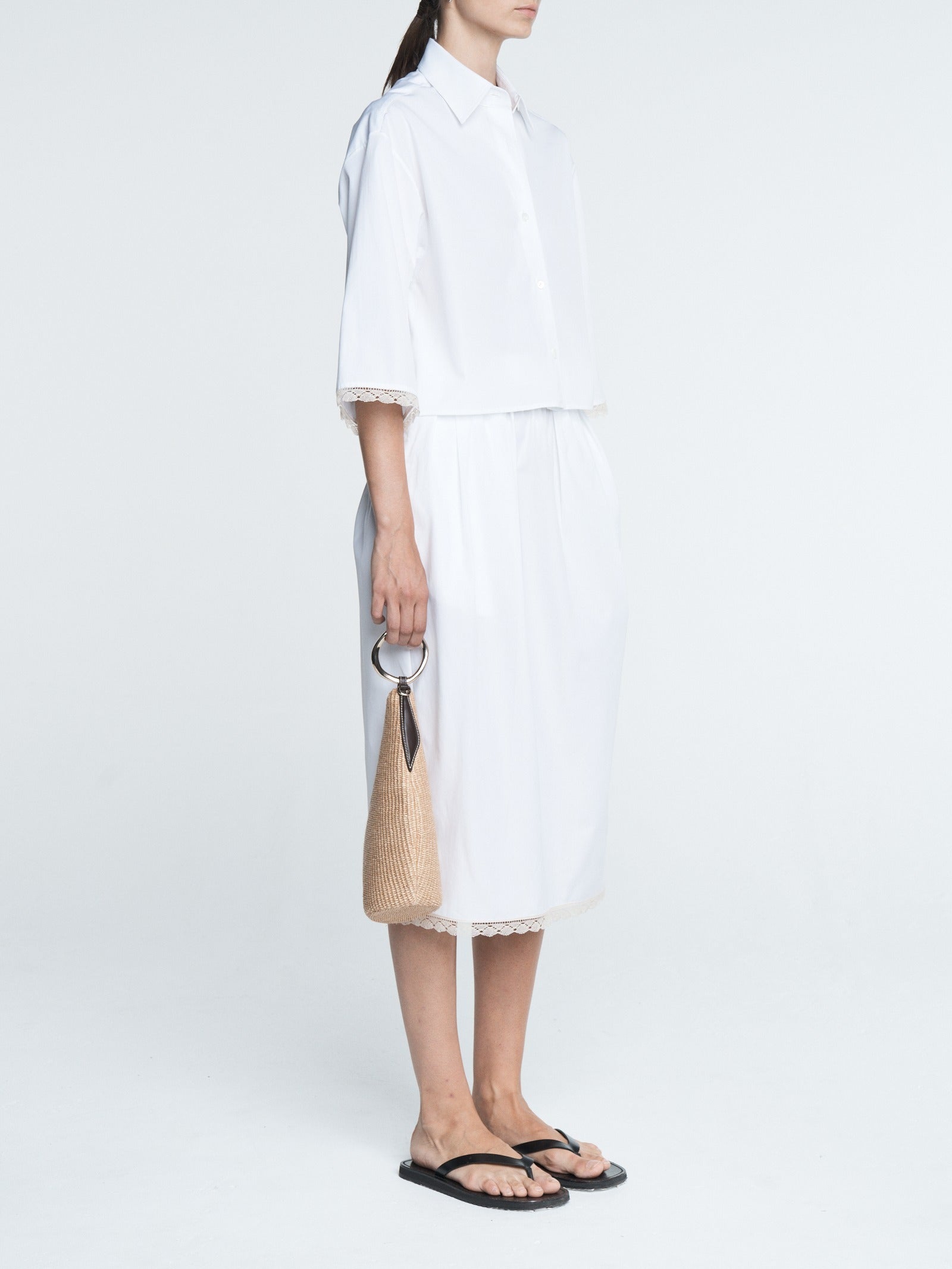 Cropped Lace Short Sleeve Shirt in White