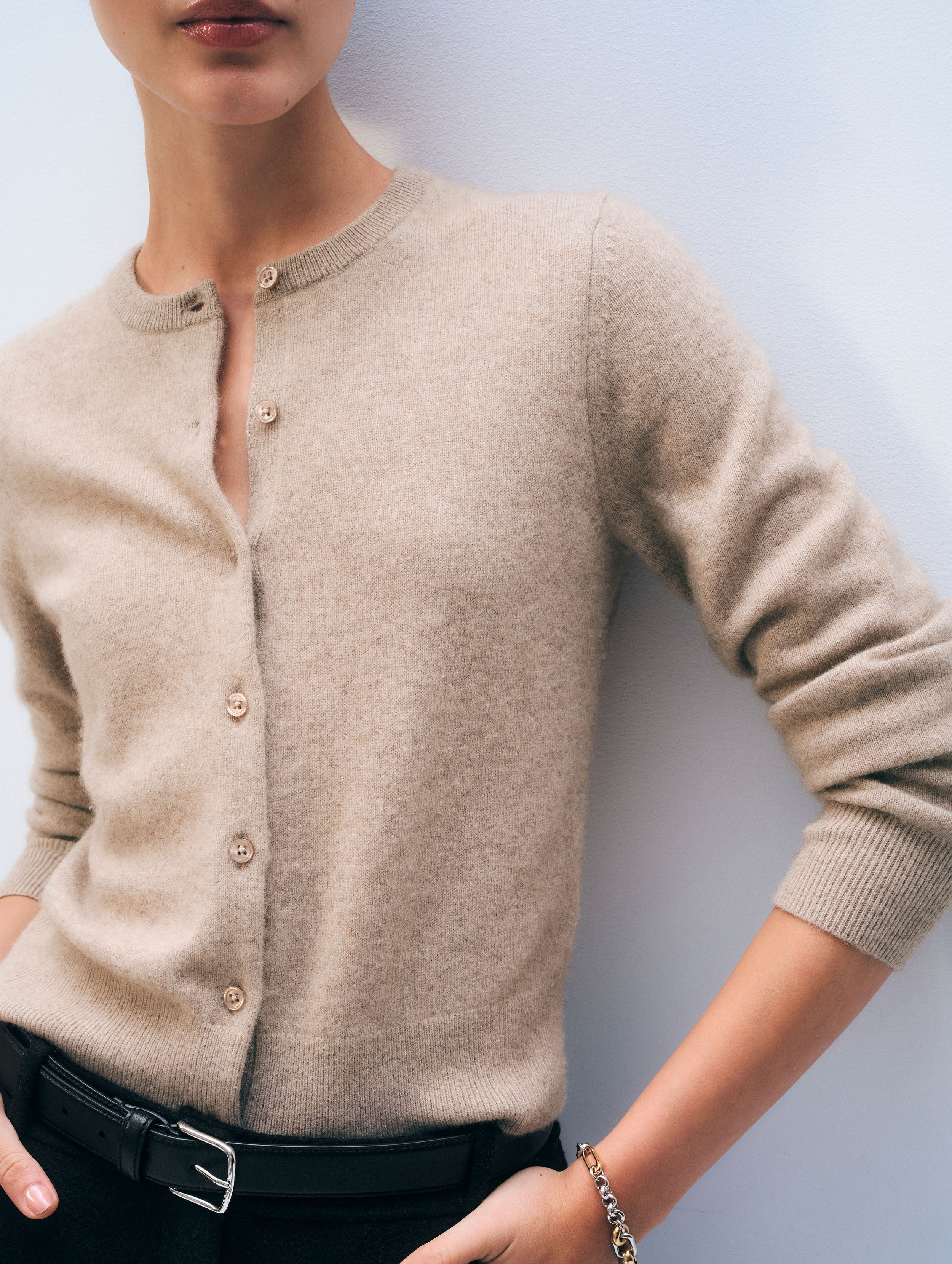 Cashmere Crewneck Cardigan in Taupe Heather