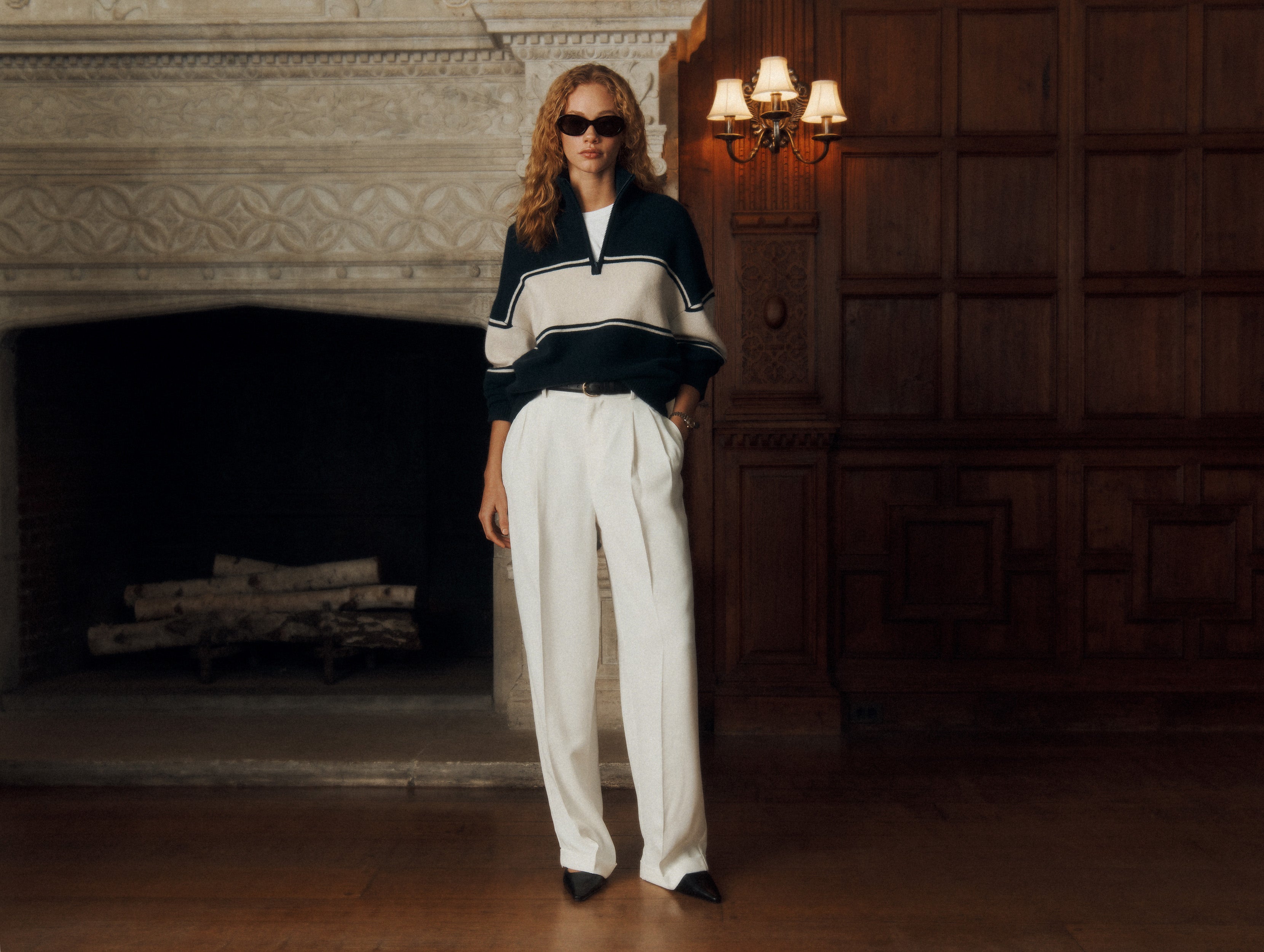 Cashmere Blend Quarter Zip in Navy/Ivory