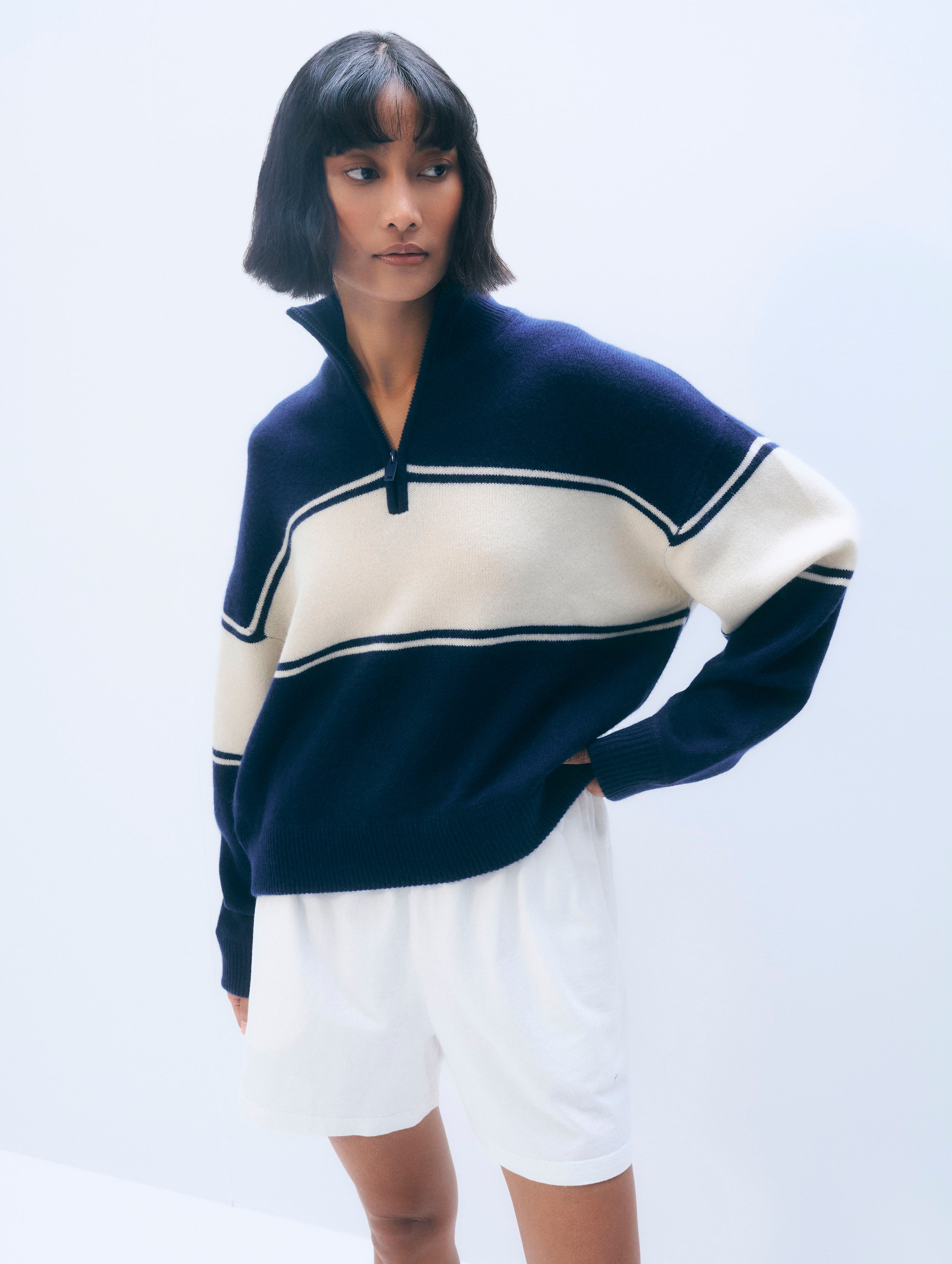 Cashmere Blend Quarter Zip in Navy/Ivory