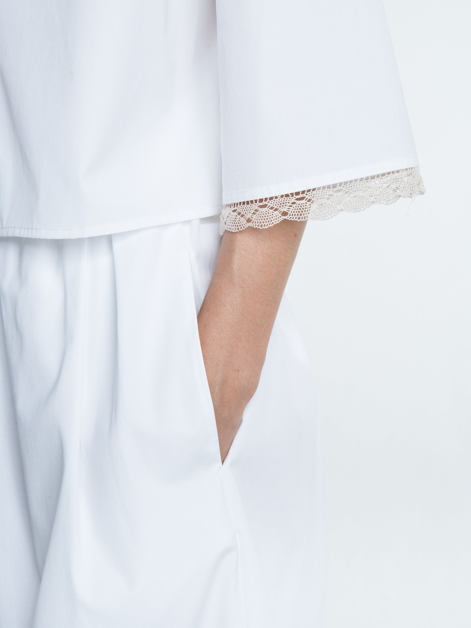 Cropped Lace Short Sleeve Shirt in White