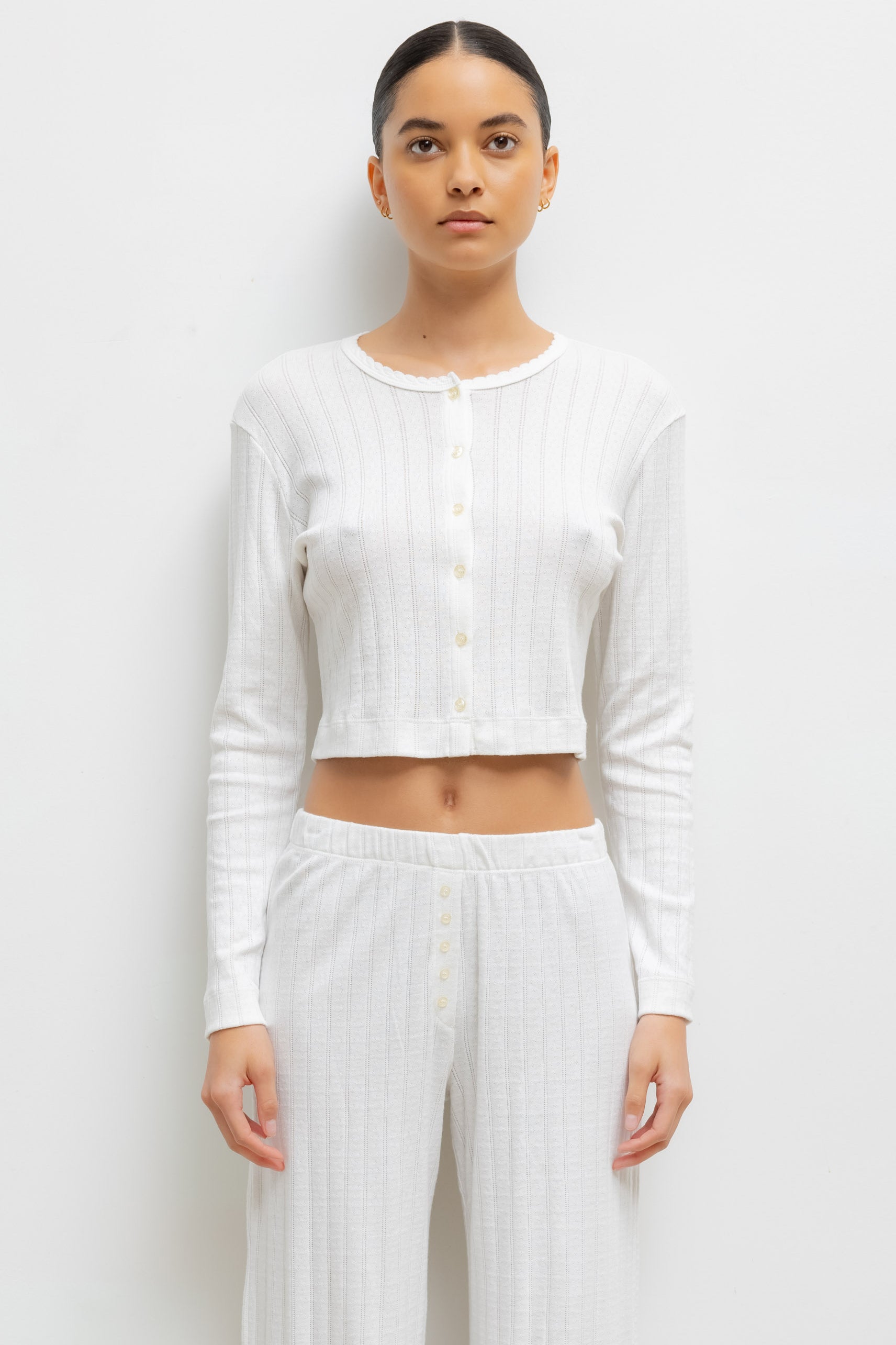 Pointelle Crop Cardigan in White