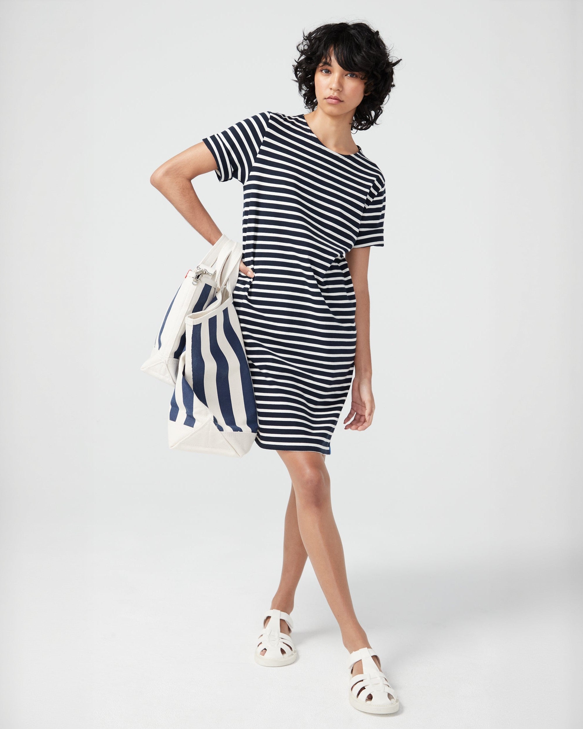 The Over the Shoulder All Over Striped Tote in Canvas/Navy