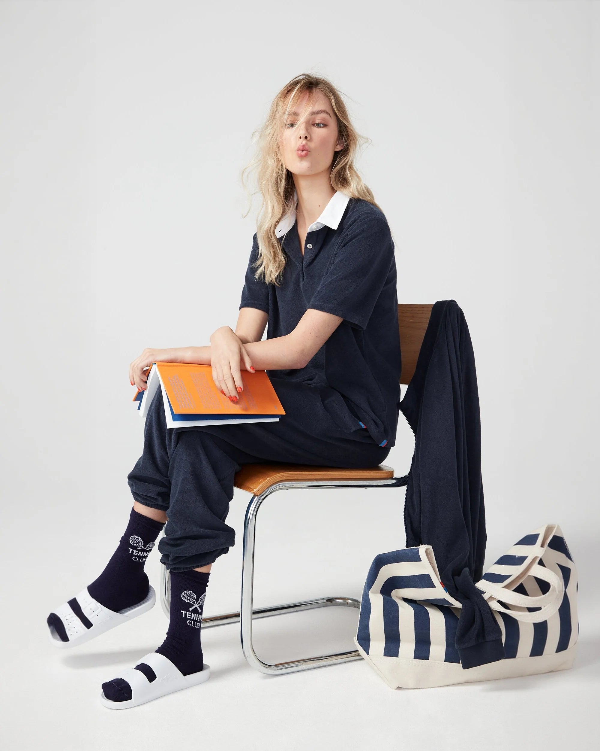 The Over the Shoulder All Over Striped Tote in Canvas/Navy